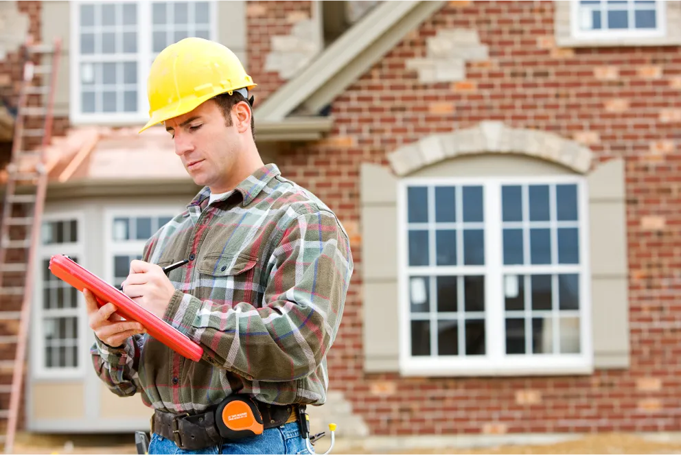 A contractor, wearing a hardhat, writes on a clipboard in front of a brick house.