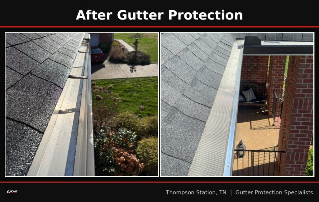Clean gutters with micromesh protection covering the full gutter run after G Home installation in Thompson Station
