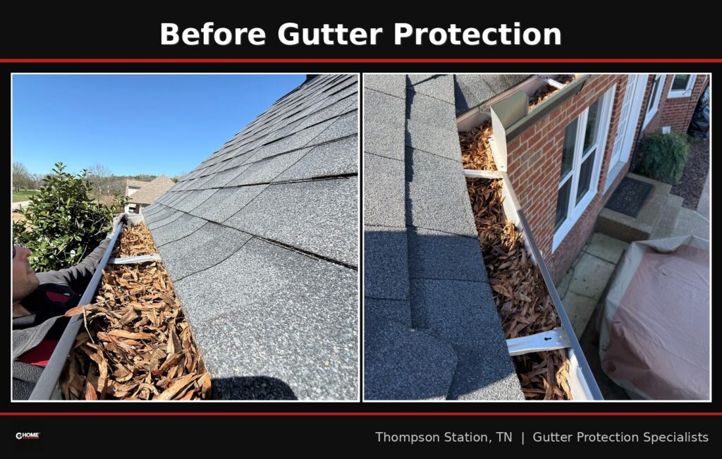 Gutters packed with magnolia leaves and debris before cleaning in Thompson Station, TN — G Home