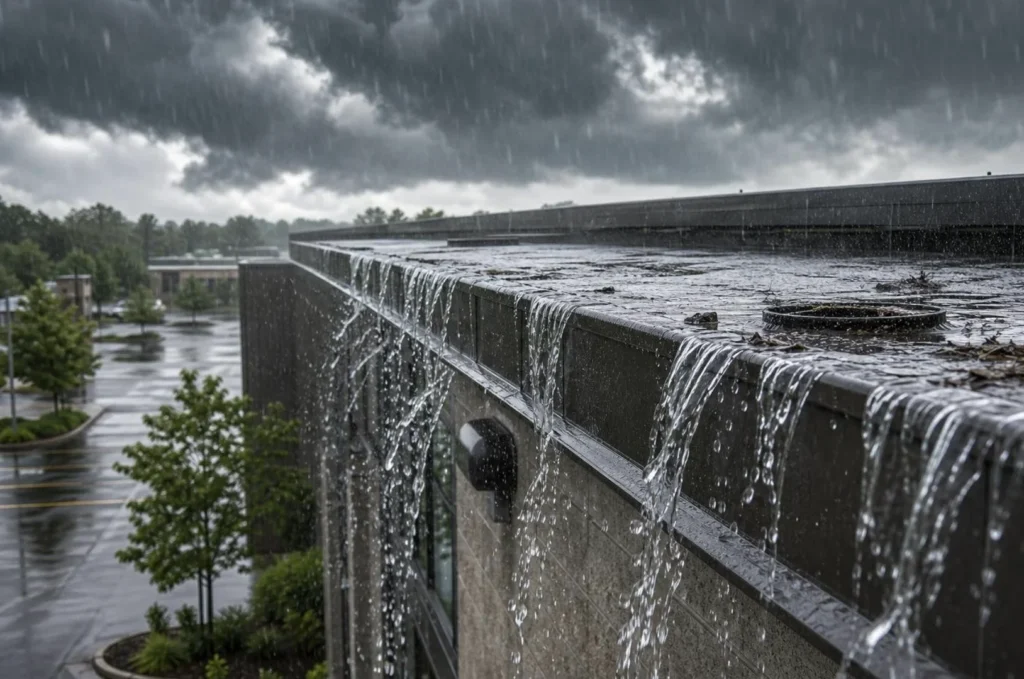 Clogged commercial box gutters overflowing during a heavy storm