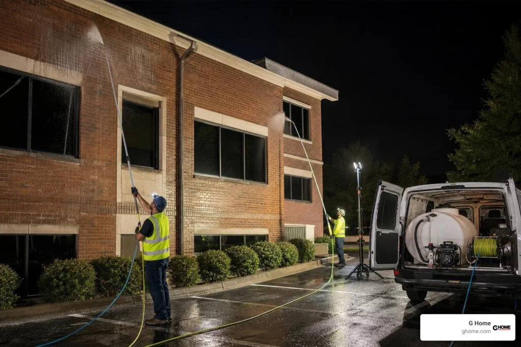 commercial soft washing dirty building exterior
