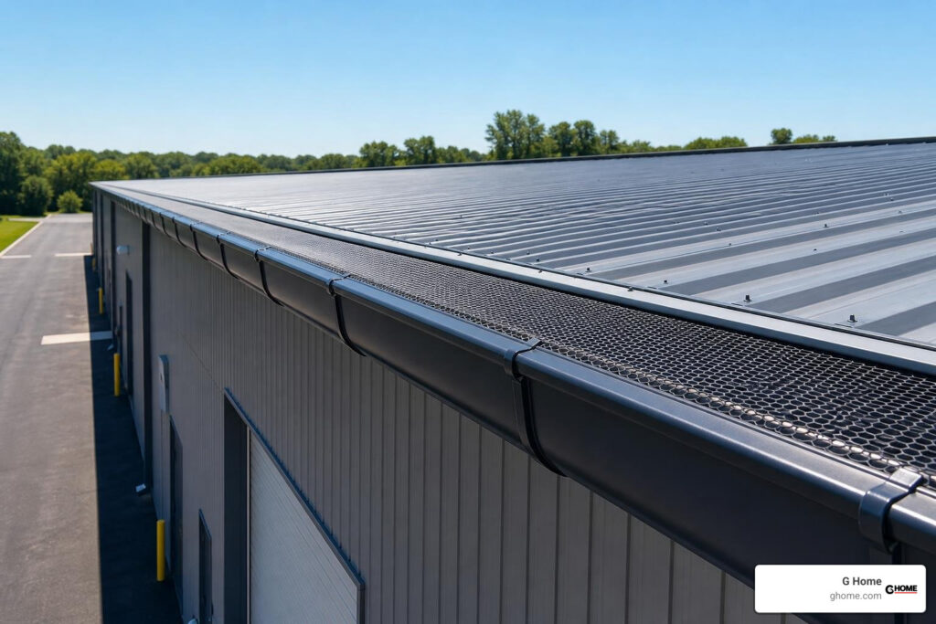 commercial building gutter guards on large facility roofline
